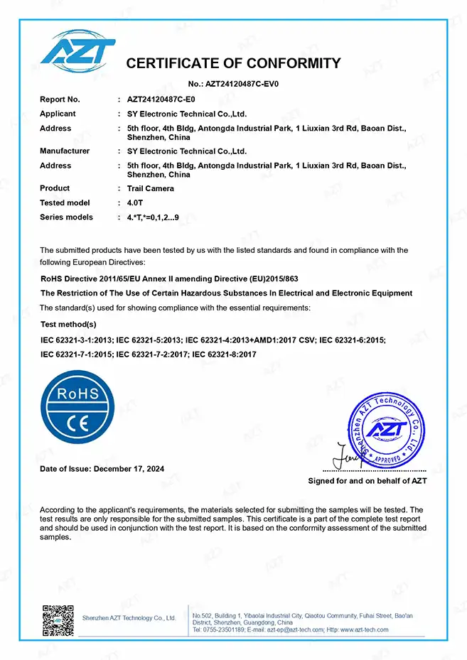 trail cameras ROHS certificate